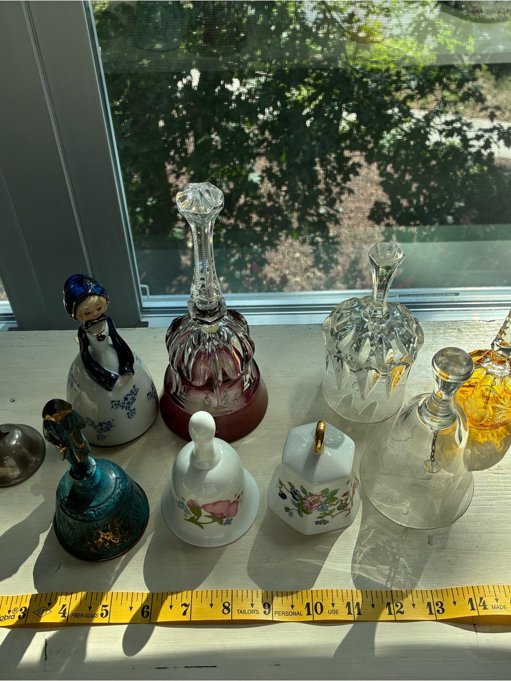 9 Assorted Crystal, Metal and Porcelain Bells - Clear,Blue, Pink and Amber